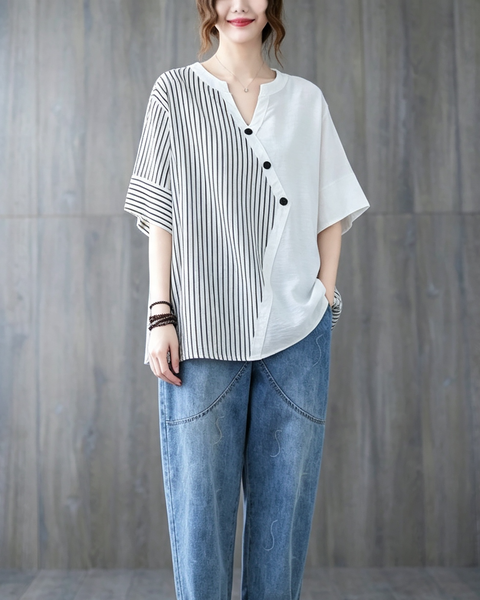 ellazhu Women's Oversized Stripe Patchwork V Neck Linen Shirt Top GA2854