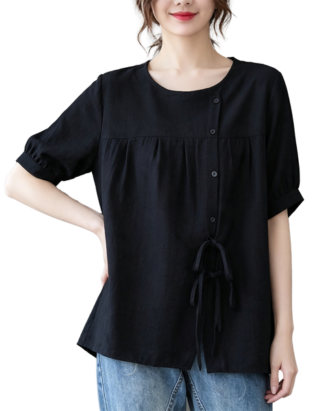 ellazhu Women's Oversized Tie Front Short Sleeve Cotton Tunic Top GA2856