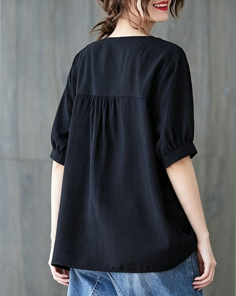 ellazhu Women's Oversized Tie Front Short Sleeve Cotton Tunic Top GA2856