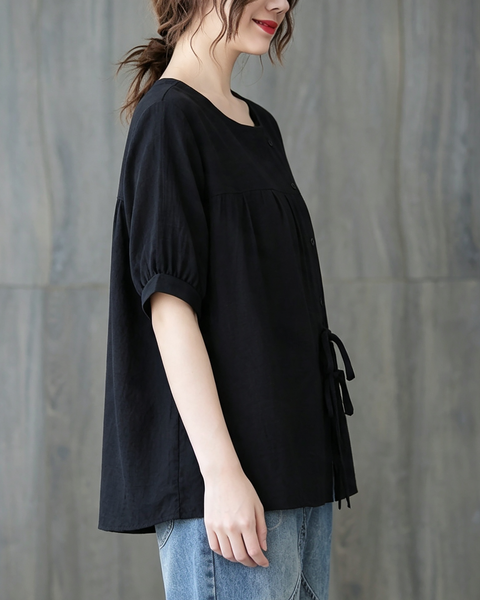 ellazhu Women's Oversized Tie Front Short Sleeve Cotton Tunic Top GA2856
