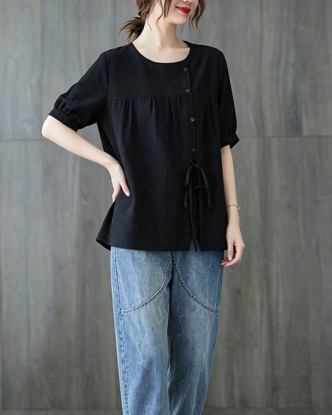 ellazhu Women's Oversized Tie Front Short Sleeve Cotton Tunic Top GA2856