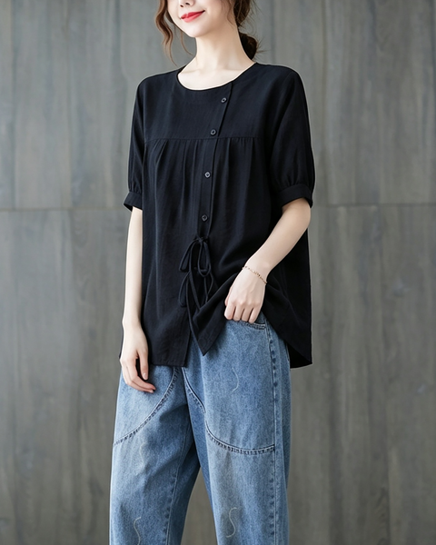 ellazhu Women's Oversized Tie Front Short Sleeve Cotton Tunic Top GA2856