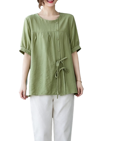 ellazhu Women's Oversized Tie Front Short Sleeve Cotton Tunic Top GA2856