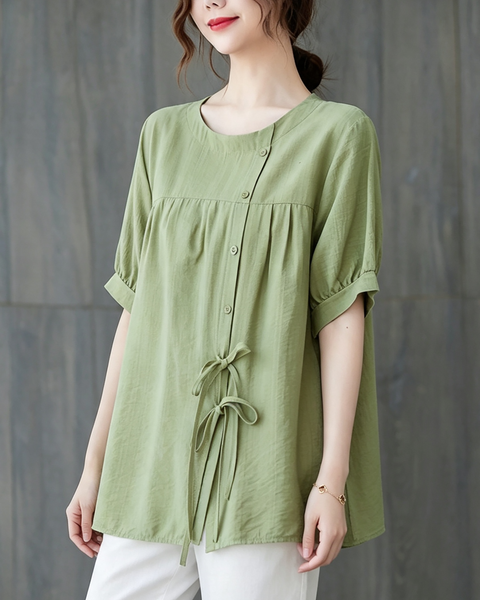ellazhu Women's Oversized Tie Front Short Sleeve Cotton Tunic Top GA2856