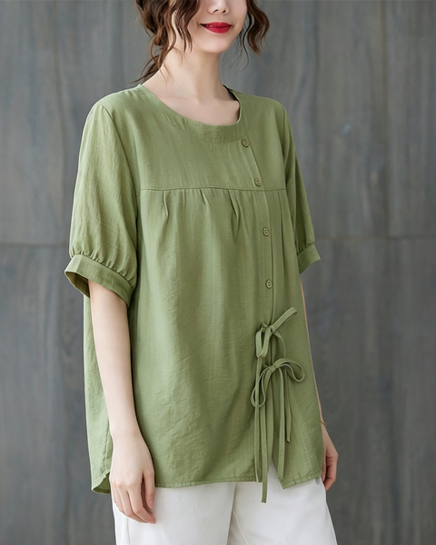 ellazhu Women's Oversized Tie Front Short Sleeve Cotton Tunic Top GA2856