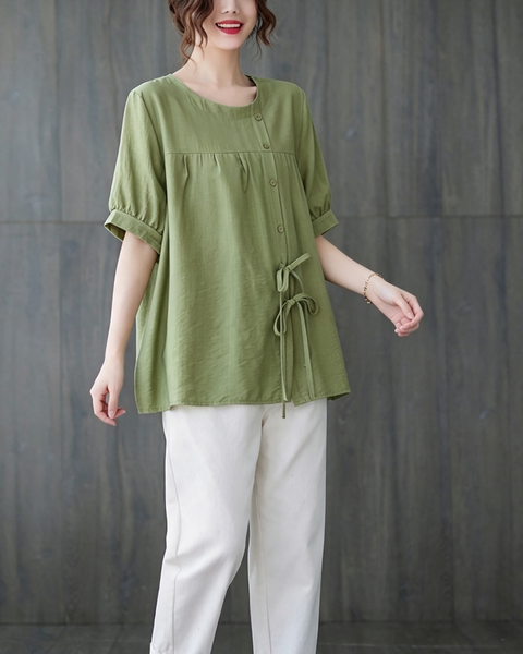 ellazhu Women's Oversized Tie Front Short Sleeve Cotton Tunic Top GA2856