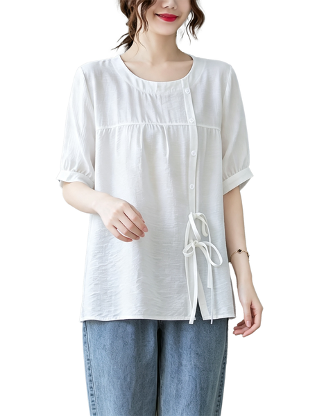 ellazhu Women's Oversized Tie Front Short Sleeve Cotton Tunic Top GA2856