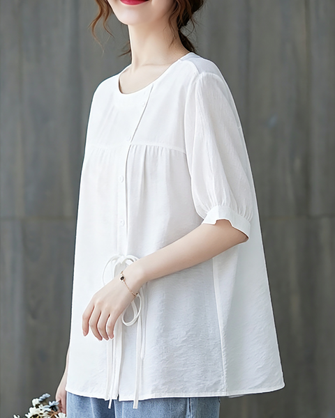 ellazhu Women's Oversized Tie Front Short Sleeve Cotton Tunic Top GA2856
