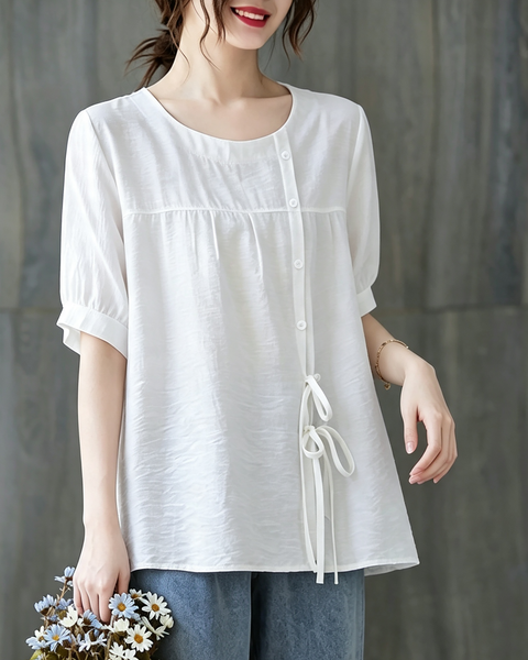 ellazhu Women's Oversized Tie Front Short Sleeve Cotton Tunic Top GA2856
