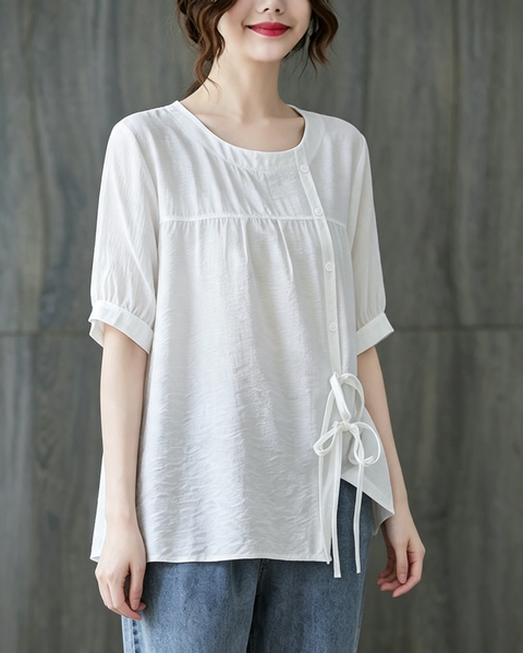 ellazhu Women's Oversized Tie Front Short Sleeve Cotton Tunic Top GA2856