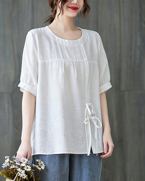 ellazhu Women's Oversized Tie Front Short Sleeve Cotton Tunic Top GA2856