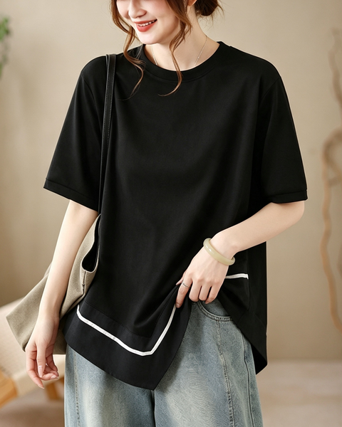 ellazhu Women's Oversized Colorblock Hem Short Sleeve T Shirt Top GA2859