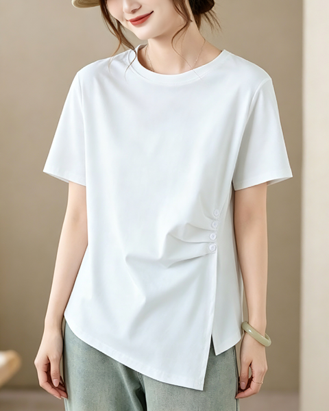 ellazhu Women's Asymmetric Hem Ruched Short Sleeve Casual Tee Top GA2860