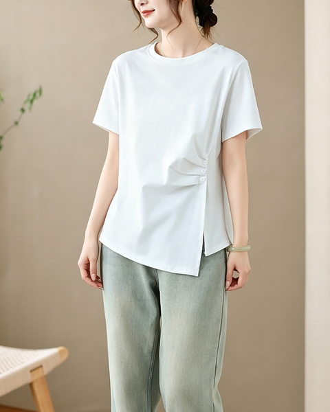 ellazhu Women's Asymmetric Hem Ruched Short Sleeve Casual Tee Top GA2860