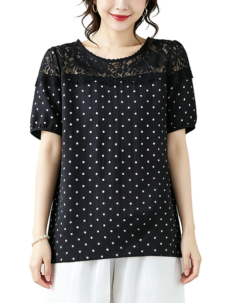 ellazhu Women's Polka Dot Lace Patchwork Short Sleeve Blouse Tops GA2862
