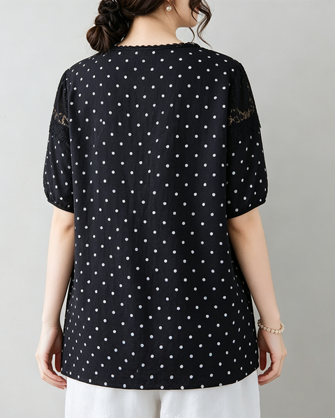ellazhu Women's Polka Dot Lace Patchwork Short Sleeve Blouse Tops GA2862