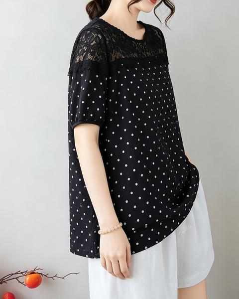 ellazhu Women's Polka Dot Lace Patchwork Short Sleeve Blouse Tops GA2862