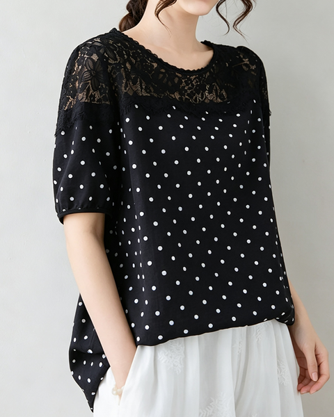 ellazhu Women's Polka Dot Lace Patchwork Short Sleeve Blouse Tops GA2862