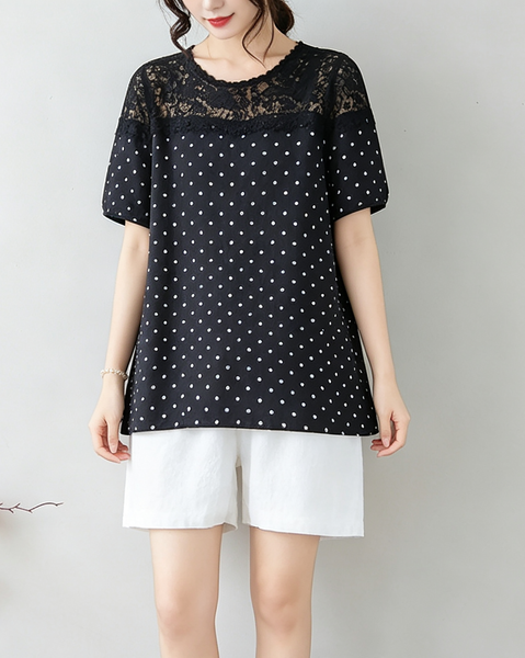 ellazhu Women's Polka Dot Lace Patchwork Short Sleeve Blouse Tops GA2862
