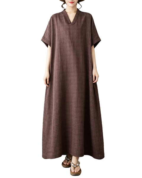 ellazhu Women's Oversized V Neck Textured Cotton Maxi Dress Loose GA2864