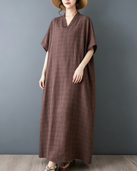 ellazhu Women's Oversized V Neck Textured Cotton Maxi Dress Loose GA2864