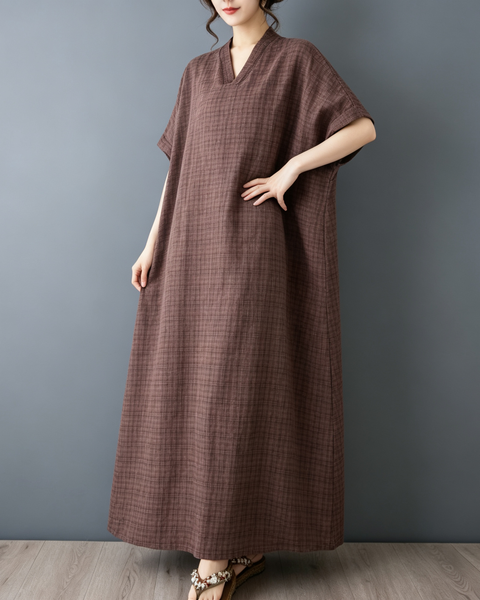 ellazhu Women's Oversized V Neck Textured Cotton Maxi Dress Loose GA2864