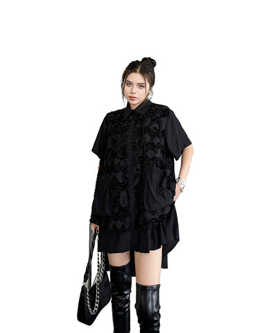 ellazhu Women's Shirt Dress Button Down Short Sleeve Lapel Pockets Irregular Hem Ruffle Loose Oversize Summer GE01