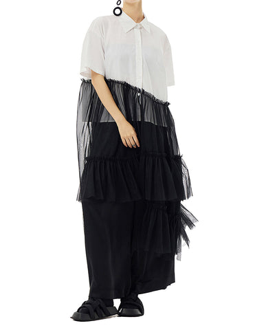 ellazhu Women's Shirt Dress Button Down Short Sleeve Lapel Loose Oversize Patchwork Sheer Tulle Flowy Hem GE10 Black