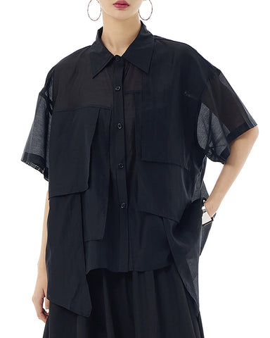 ellazhu Women's Shirt Button Down Short Sleeve See Through Lapel Patchwork Solid Color Sheer Loose Summer GE14