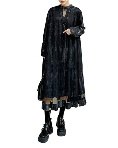 ellazhu Women's Dress V Neck Long Sleeve Black Flowy Sheer Hem Patchwork Loose Oversize GE30