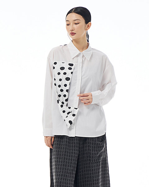 ellazhu Women's Long Sleeve Lapel Button Down Solid Color Polka Dot Loose Shirt GE40