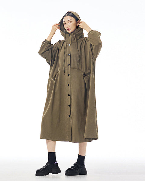 ellazhu Women's Coat Dress Long Sleeve Button Down Solid Color High-Neck with Hat Hoodie Jacket GE44