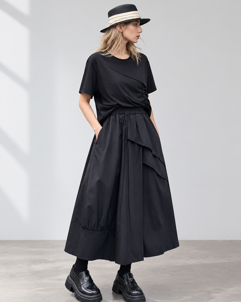 ellazhu Women's A Line Maxi Skirt Elastic Waist Layered Ruffle Hem GT010