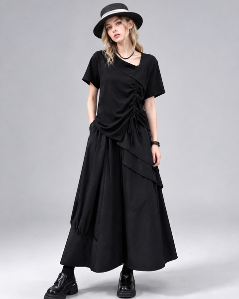 ellazhu Women's A Line Maxi Skirt Elastic Waist Layered Ruffle Hem GT010