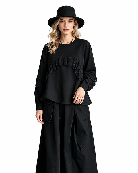 ellazhu Women's Oversized Ruffle Mesh Patchwork Long Sleeve Blouse GT02