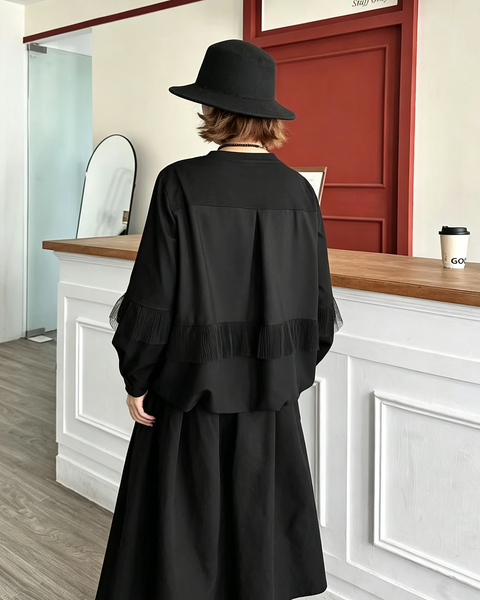 ellazhu Women's Oversized Ruffle Mesh Patchwork Long Sleeve Blouse GT02