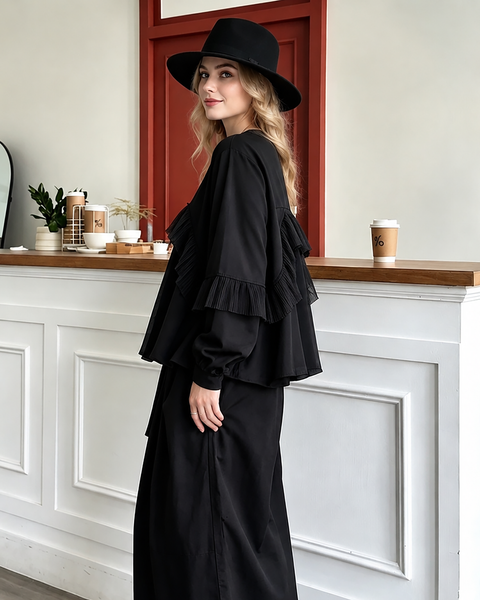 ellazhu Women's Oversized Ruffle Mesh Patchwork Long Sleeve Blouse GT02