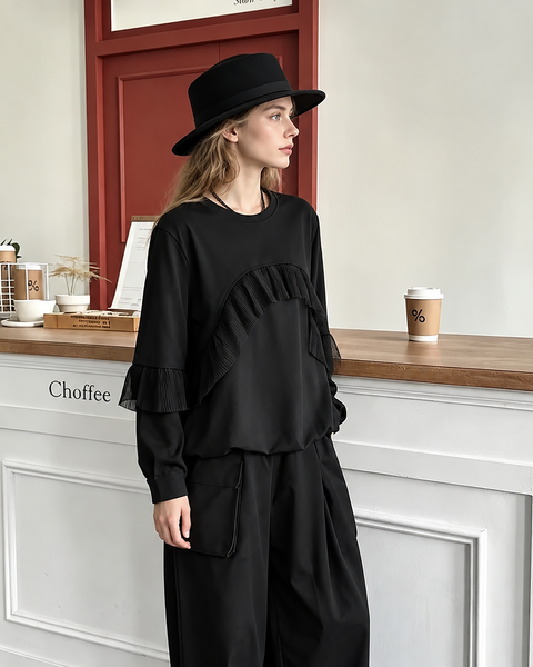 ellazhu Women's Oversized Ruffle Mesh Patchwork Long Sleeve Blouse GT02