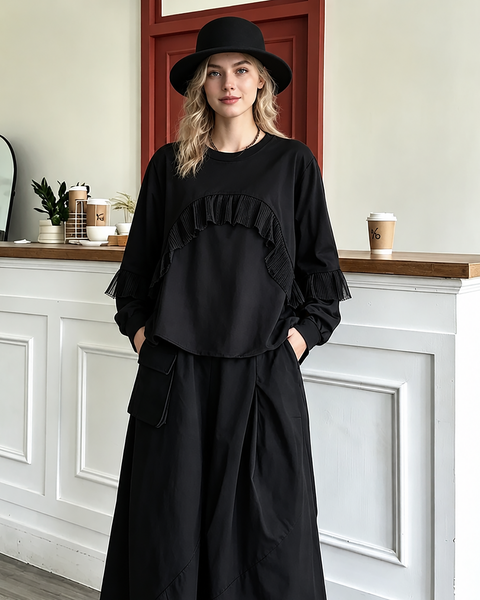 ellazhu Women's Oversized Ruffle Mesh Patchwork Long Sleeve Blouse GT02