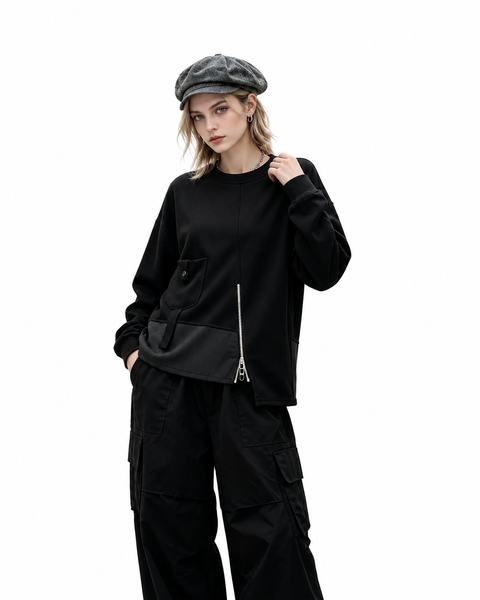 ellazhu Women's Oversized Patchwork Zip Pocket Sweatshirt Tunic Top GT03