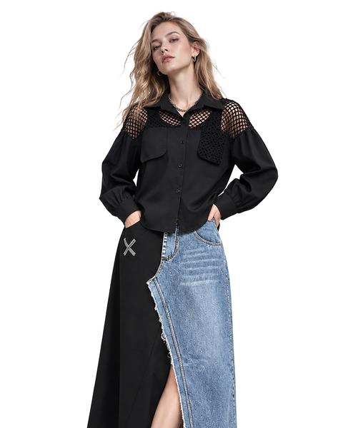 ellazhu Women's Mesh Yoke Button Down Long Sleeve Oversized Blouse GT04