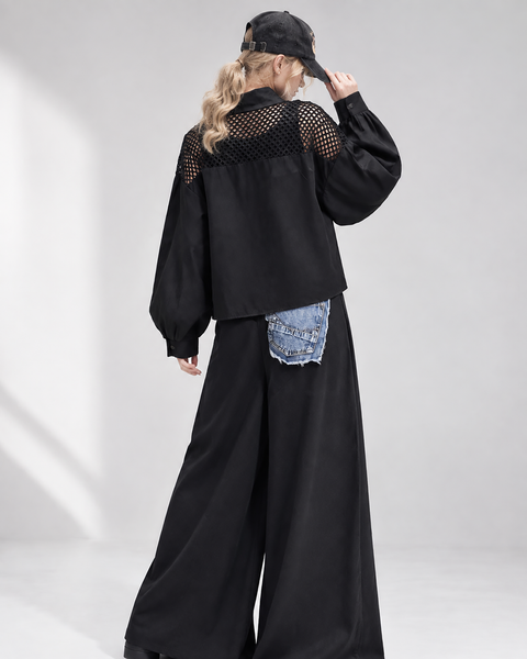 ellazhu Women's Mesh Yoke Button Down Long Sleeve Oversized Blouse GT04