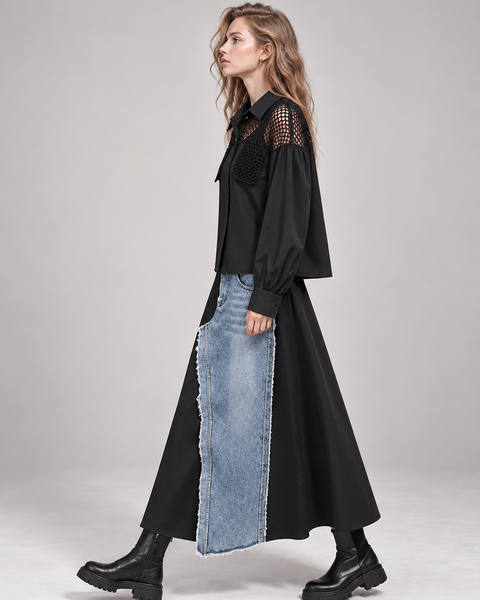 ellazhu Women's Mesh Yoke Button Down Long Sleeve Oversized Blouse GT04