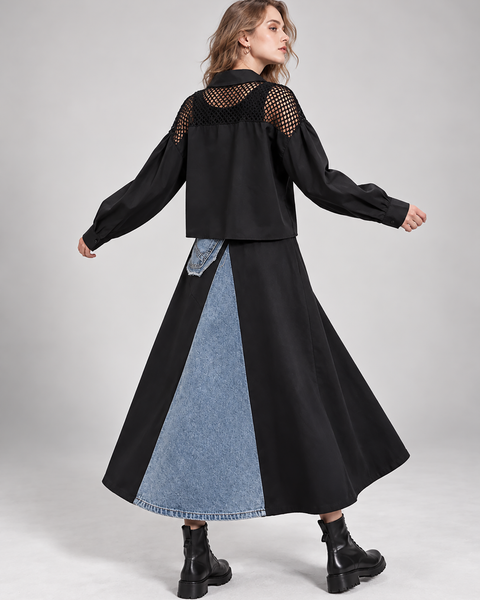 ellazhu Women's Mesh Yoke Button Down Long Sleeve Oversized Blouse GT04