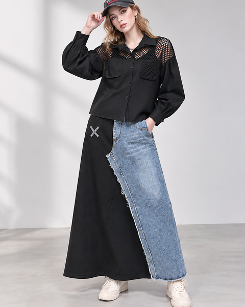ellazhu Women's Mesh Yoke Button Down Long Sleeve Oversized Blouse GT04