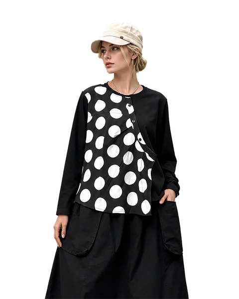 ellazhu Women's Oversized Polka Dot Patchwork Long Sleeve Tunic Top GT05