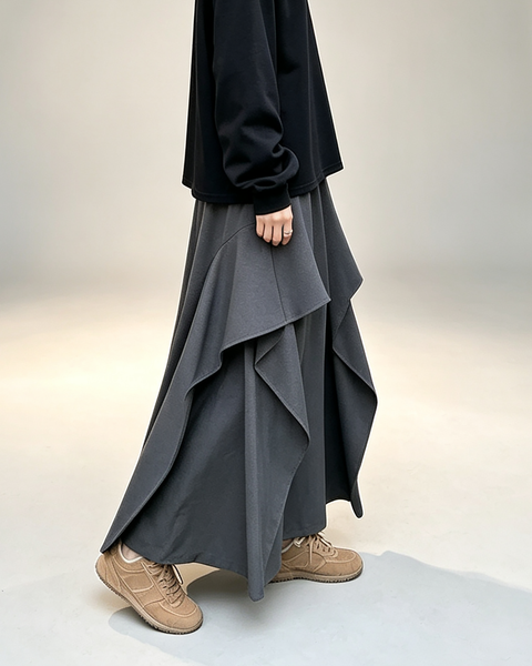 ellazhu Women's Wide Leg Culottes Elastic Waist Asymmetric Draped GT07