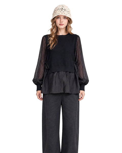 ellazhu Women's Layered Blouse Sheer Balloon Sleeve Knit Vest Tunic GT08