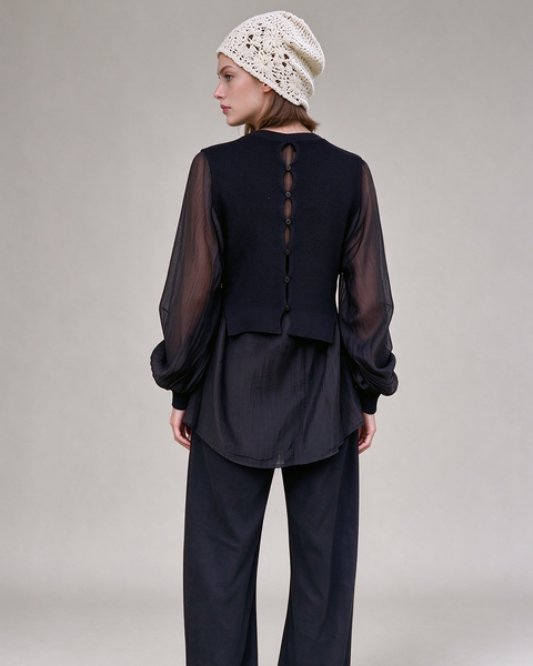 ellazhu Women's Layered Blouse Sheer Balloon Sleeve Knit Vest Tunic GT08