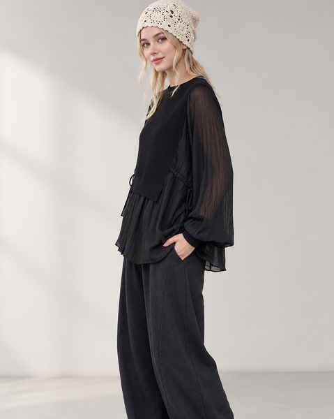 ellazhu Women's Layered Blouse Sheer Balloon Sleeve Knit Vest Tunic GT08